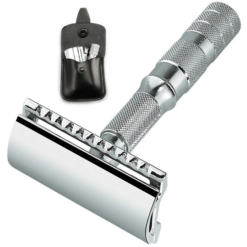 Travel Safety Razor with Leather Case - Double Edge, Compact & German Made