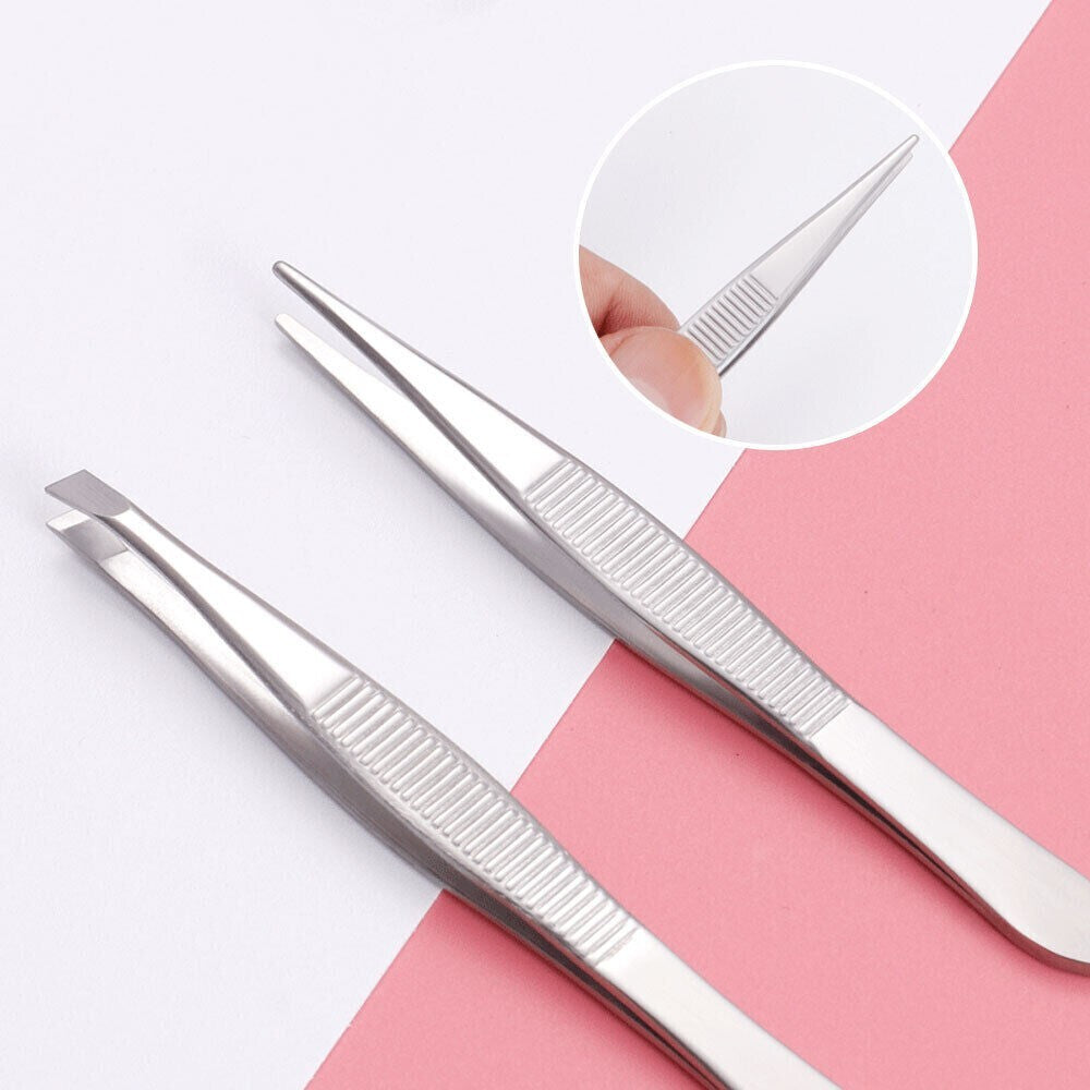 3-Piece Stainless Steel Eyebrow Tweezer Set - Precision Slant, Flat & Pointed Tips