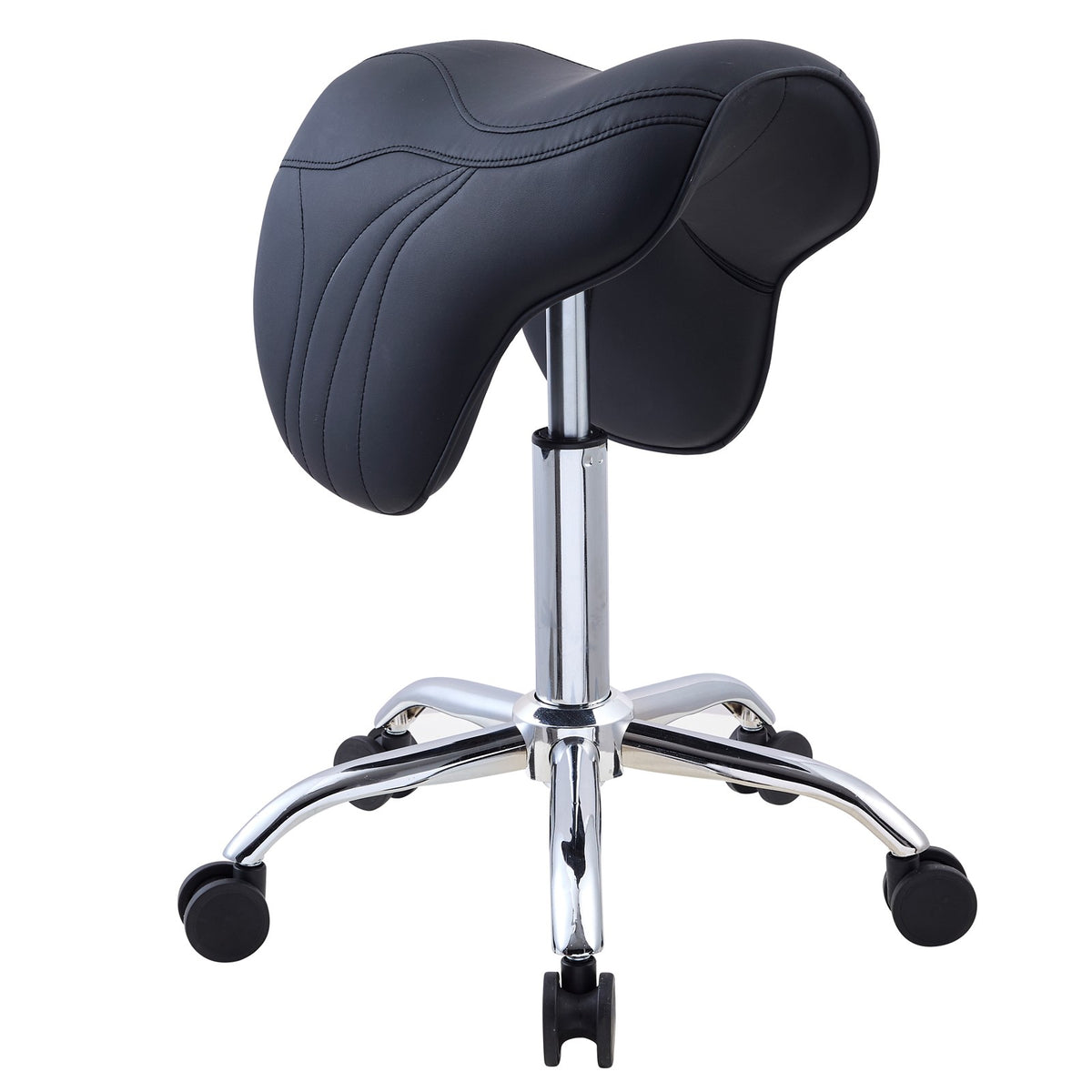 Adjustable Black Saddle Salon Stool with Swivel Wheels & Hydraulic Height