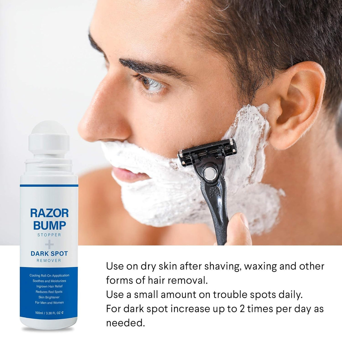 Razor Bump Stopper with Ingrown Hair Treatment for Men and Women - Roll-On Serum for Shaving Irritation, Redness, and Dark Spots, 3.38 Fl Oz
