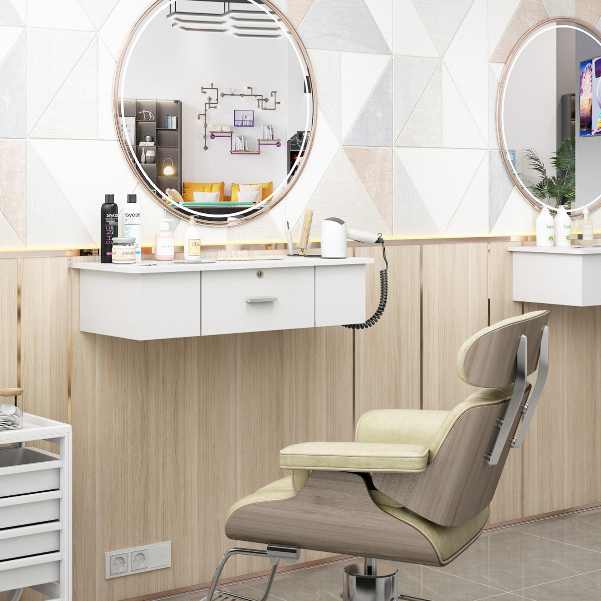 Wall-Mounted Barber Styling Station with Lockable Drawer for Hair Salon