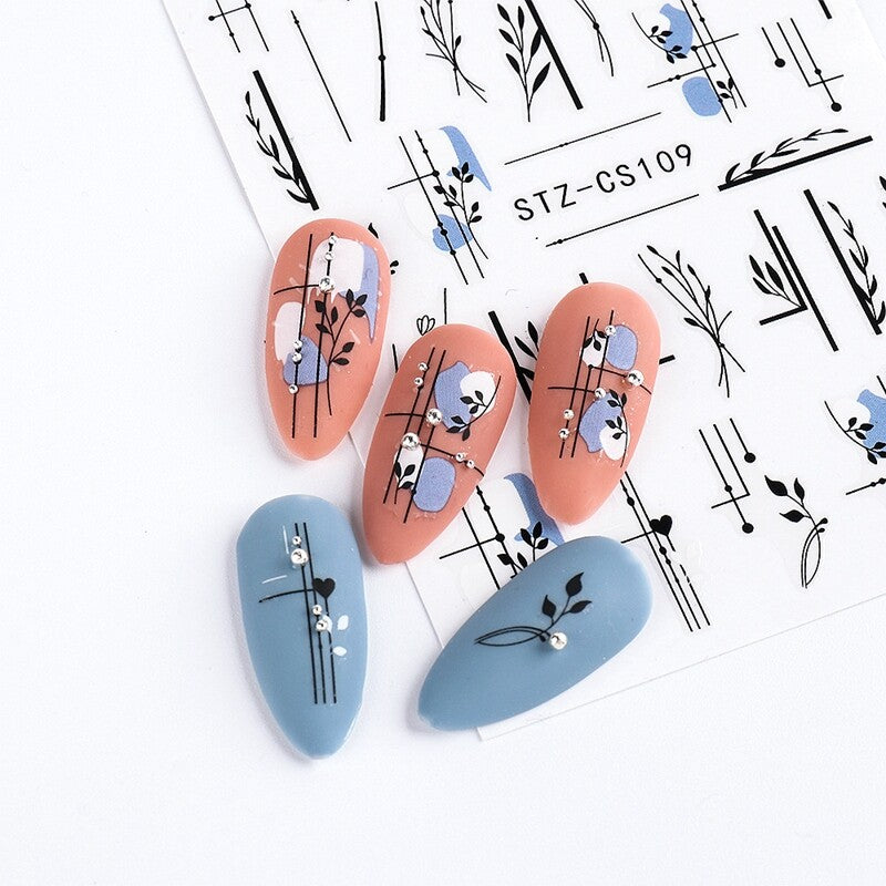 Geometric Flower Nail Sticker Set - Blossom Branches Leaf Decals for Nails