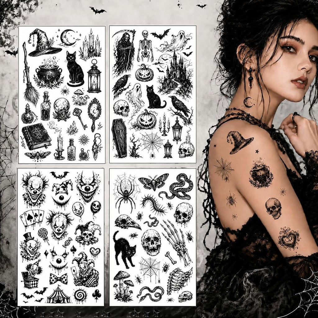 Dark Gothic Temporary Tattoos Set – Crow Skull Spider Bat Snake Full 4 Sheets