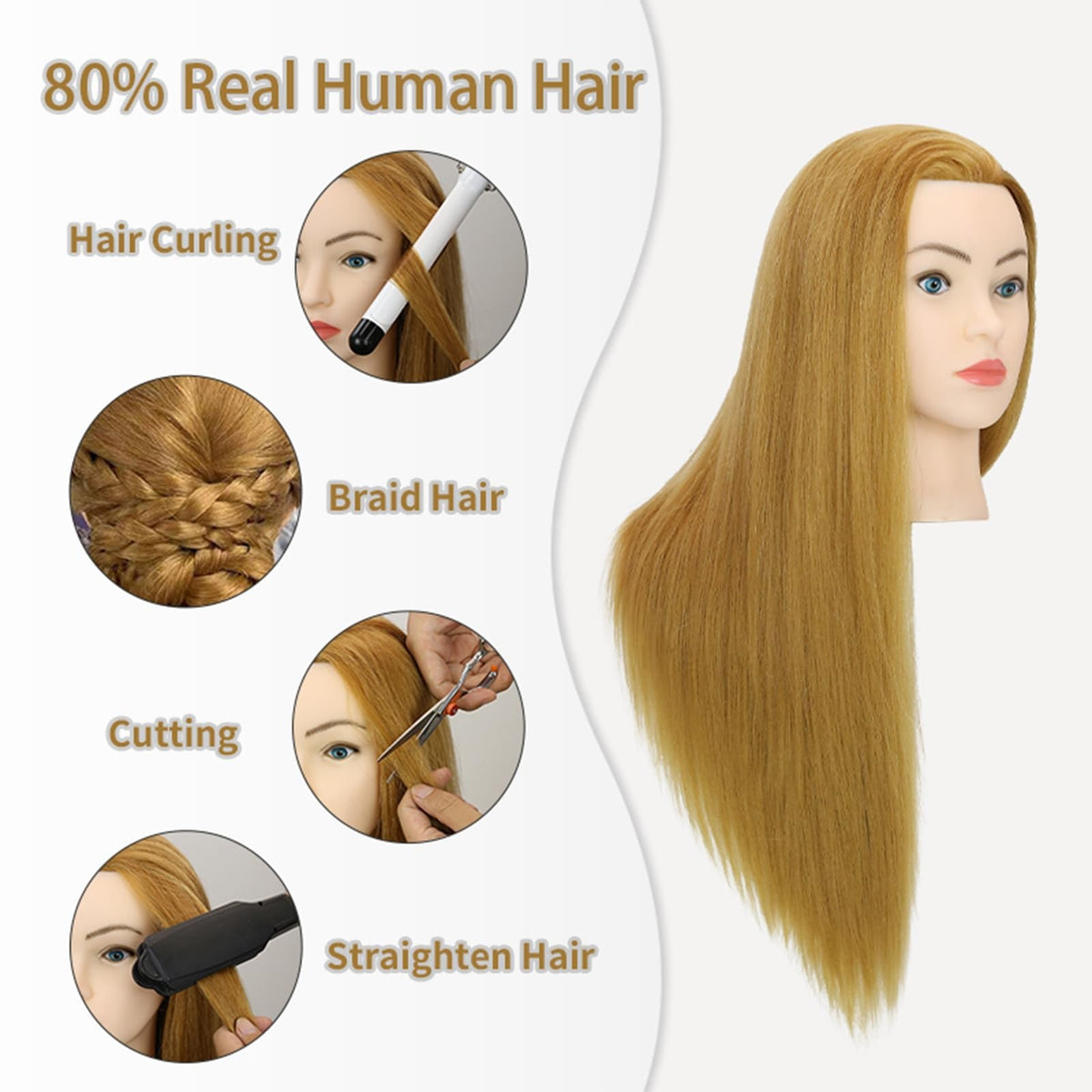 28-Inch Mannequin Head with Human Hair Light Brown for Hair Styling Practice
