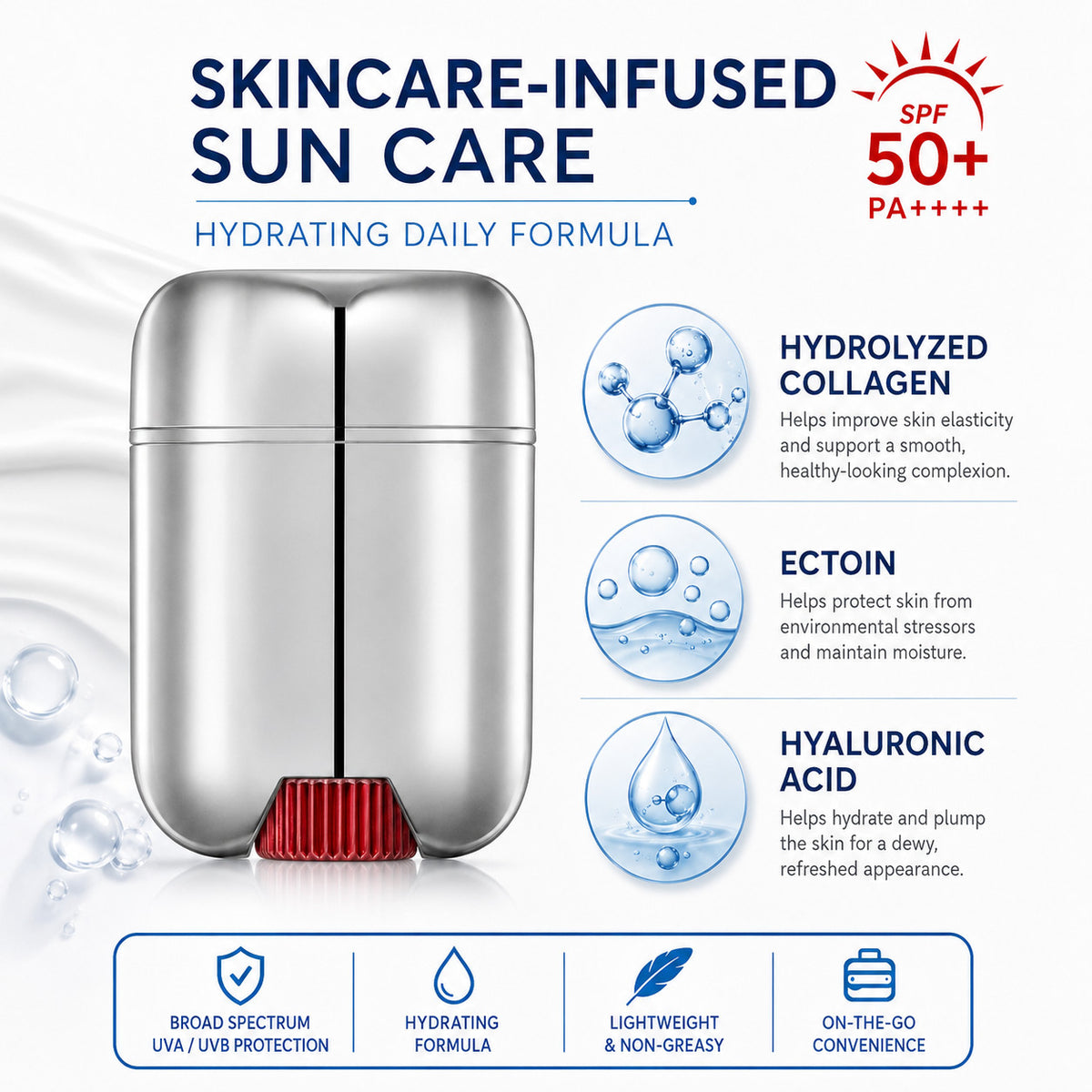 SPF50+ PA++++ Sun Stick Sunscreen, Portable Facial UV Protection, Non-Greasy