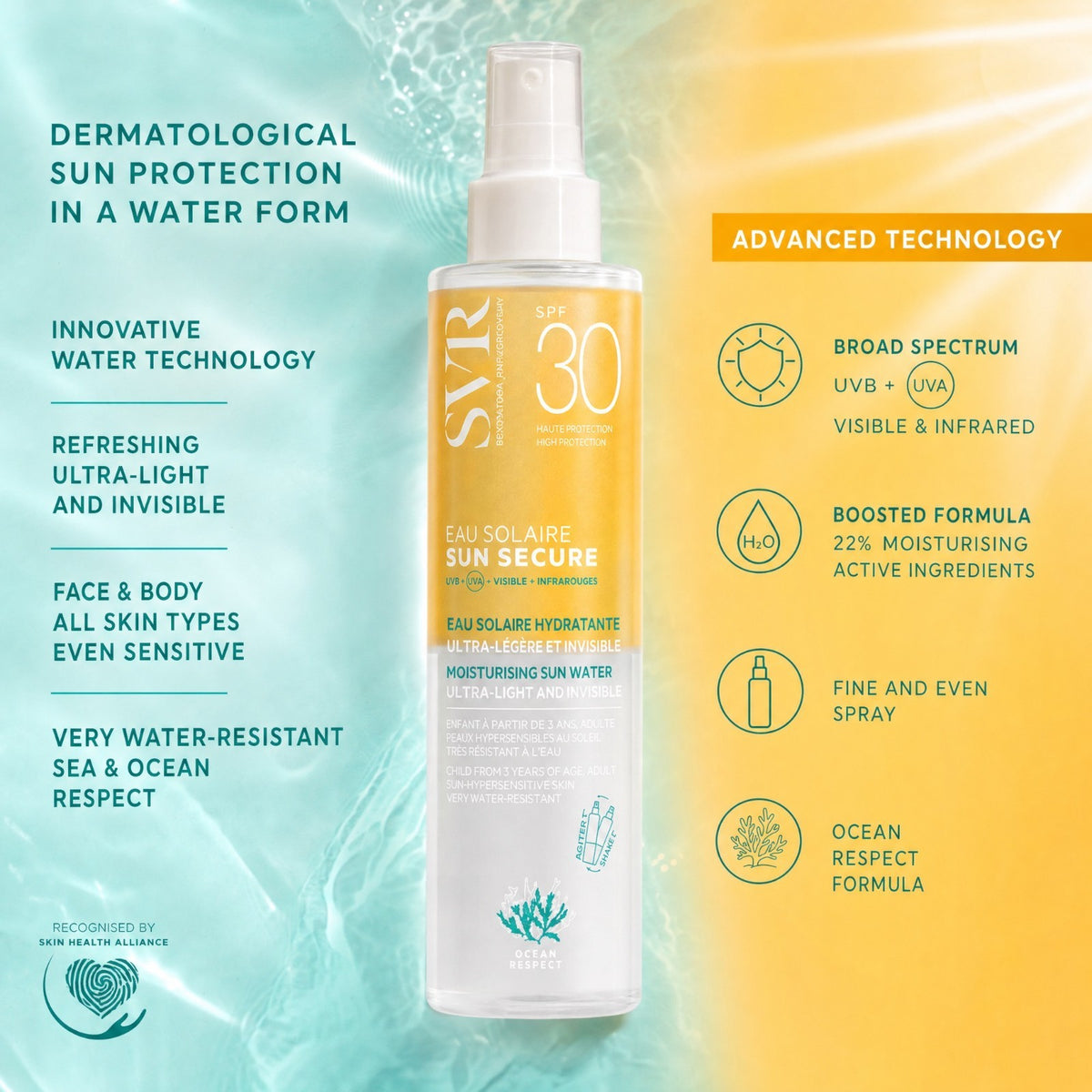 SPF 30 Water Sun Protection Spray - Lightweight Moisturising Sun Water