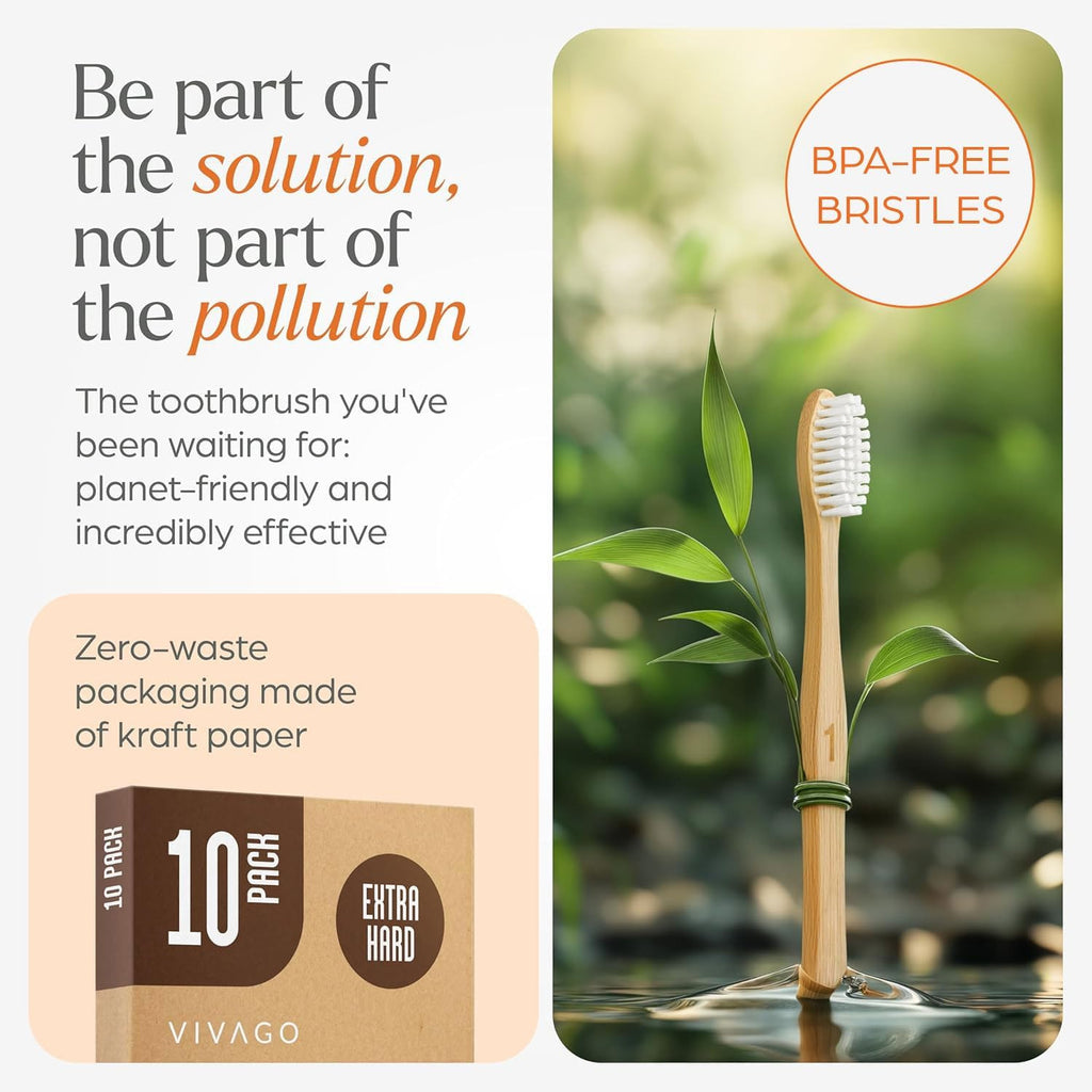 Extra Hard Adult Toothbrushes Pack of 10 with Natural Bamboo Handles