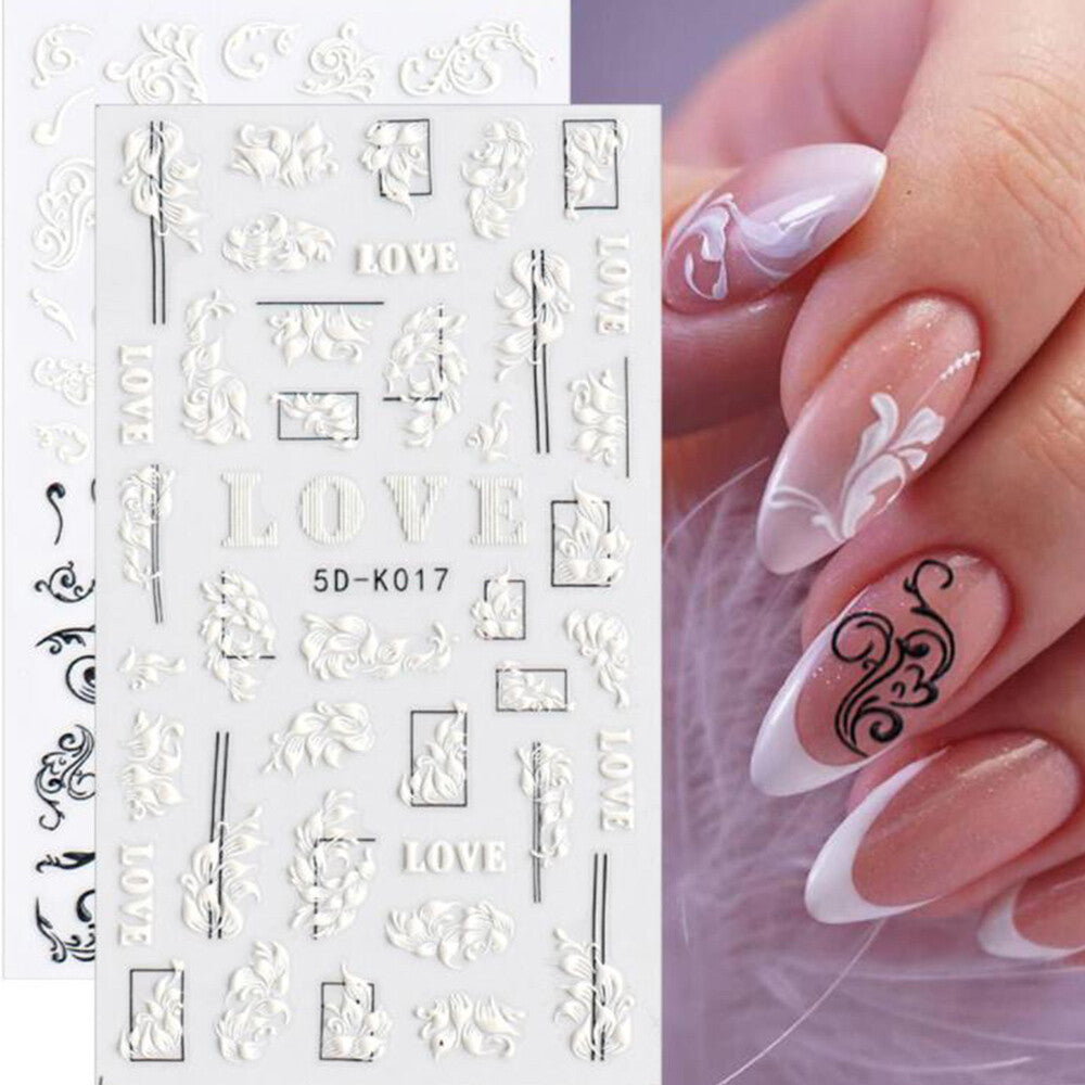 White 5D Nail Stickers Embossed Leaves Bridal Nail Art Decals