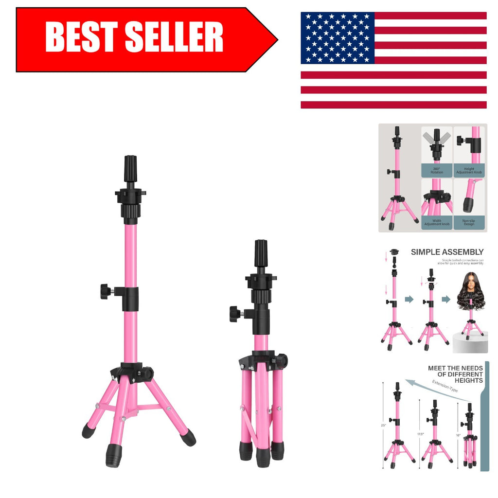 Pink Wig Stand Tripod 25-Inch for Hairdressing & Displays, Adjustable & Durable