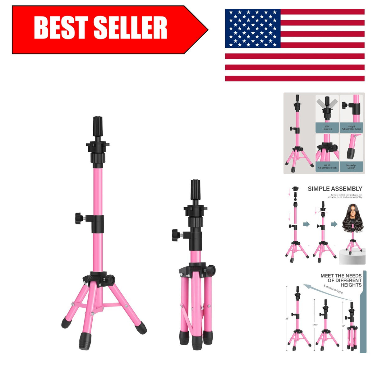 Pink Wig Stand Tripod 25-Inch for Hairdressing & Displays, Adjustable & Durable