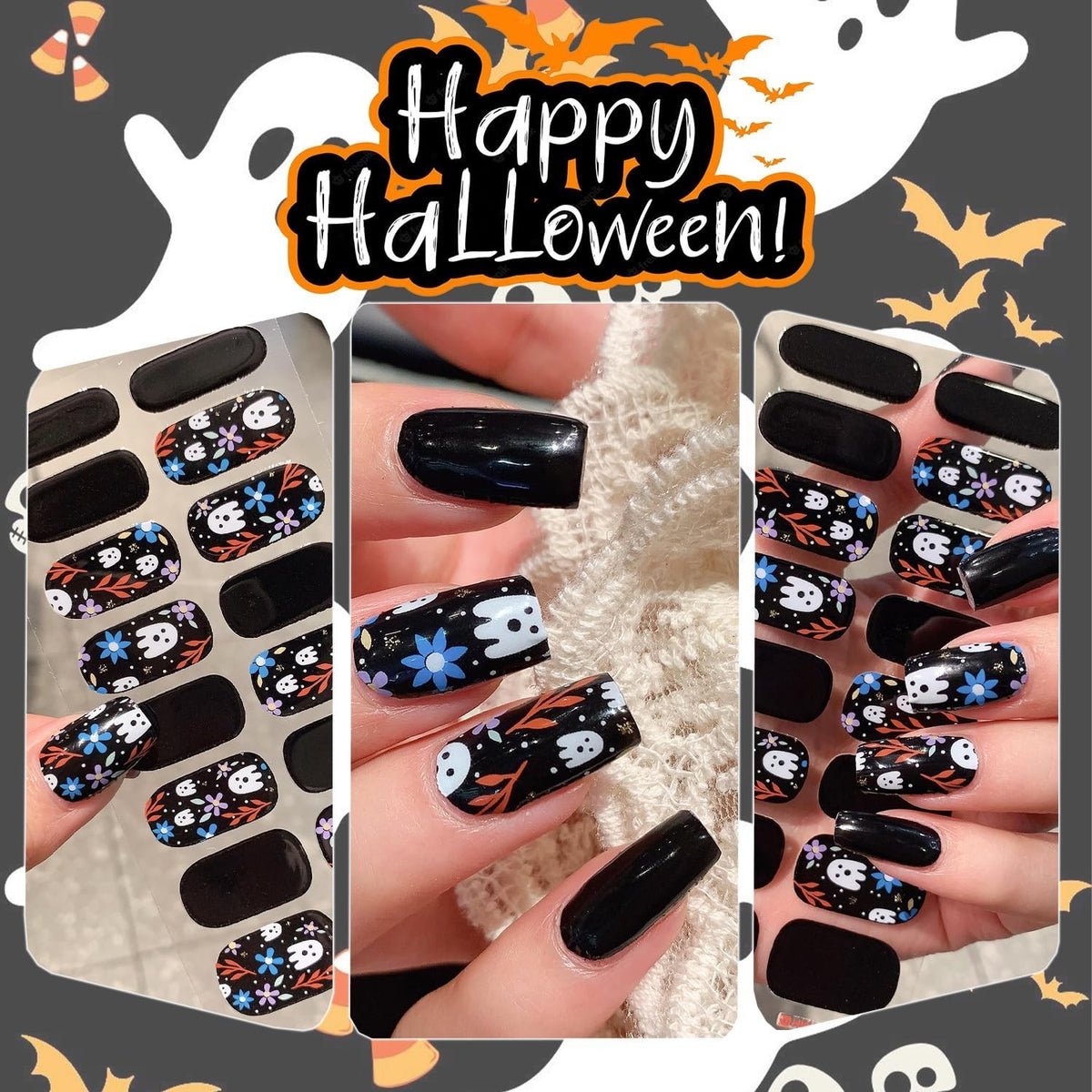 Halloween Gel Nail Wraps Set - Spider Web Ghost Flower Nail Stickers