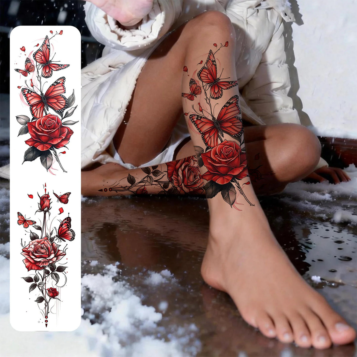 Waterproof Temporary Tattoos - Red Butterfly & Rose 2 Sheets