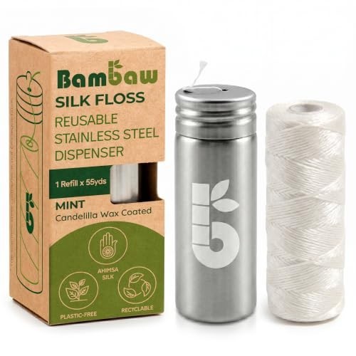 Natural Silk Dental Floss with Mint Flavor - Zero Waste Reusable Stainless Steel Dispenser, 55 Yards