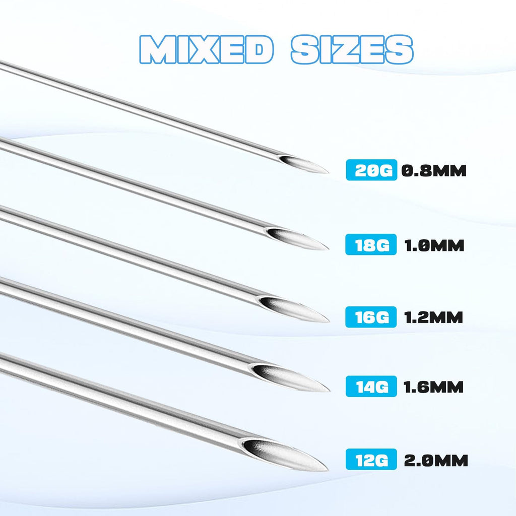 Piercing Needles Kit 12G-20G, 50Pcs, Sterile Hollow Needles, 316L Stainless Steel