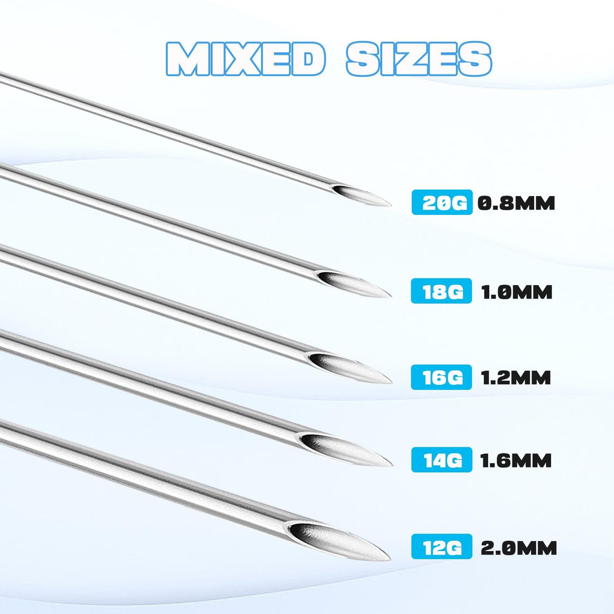 Piercing Needles Kit 12G-20G, 50Pcs, Sterile Hollow Needles, 316L Stainless Steel