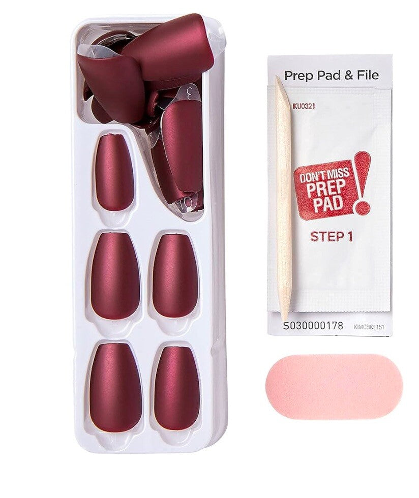 Matte Burgundy Wine Press-On Nails - Medium Length Coffin Shape, No Glue Needed