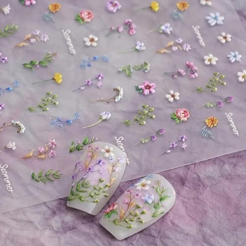 Summer Floral Nail Stickers - 3D Embossed Self-Adhesive Decals for Nails