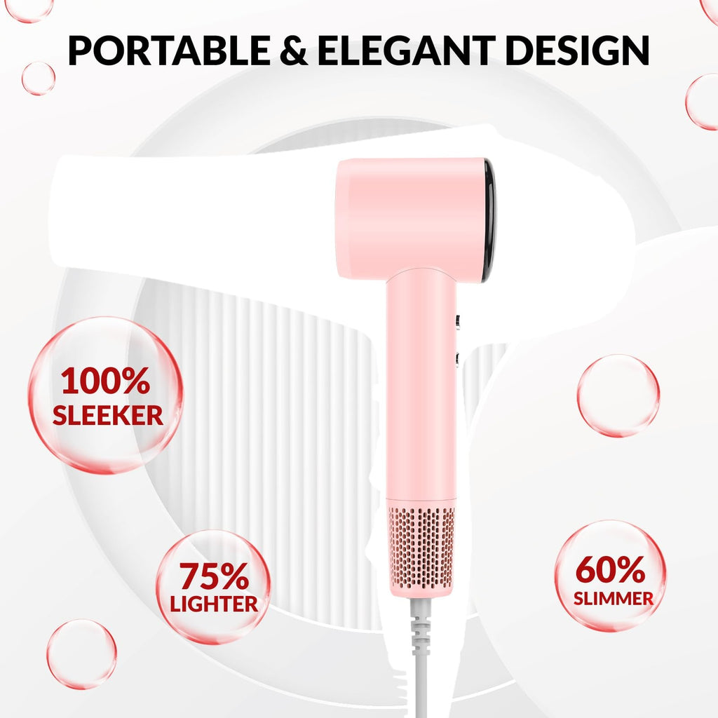 Pink Ionic Travel Hair Dryer with Diffuser - Fast & Quiet Styling