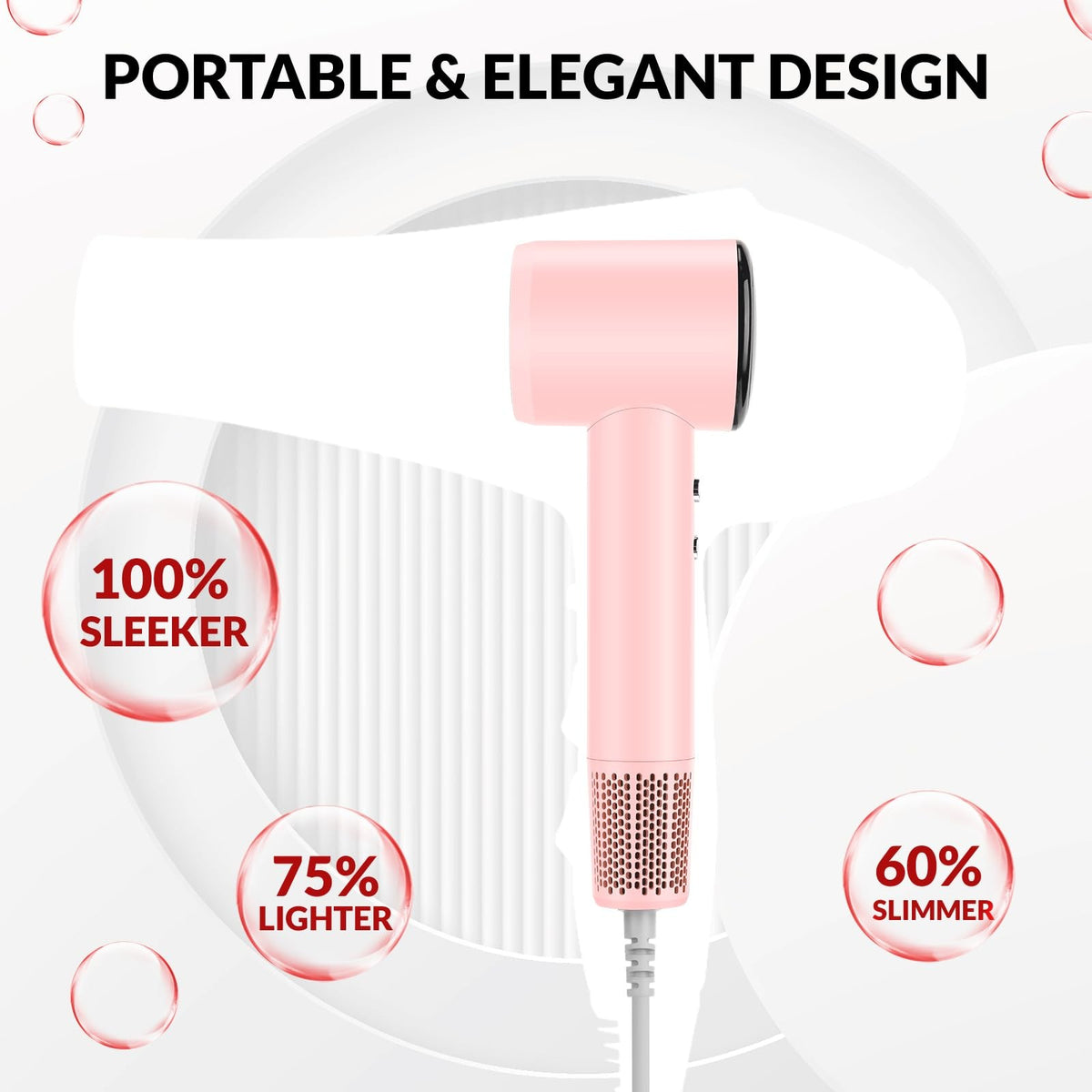 Pink Ionic Travel Hair Dryer with Diffuser - Fast & Quiet Styling
