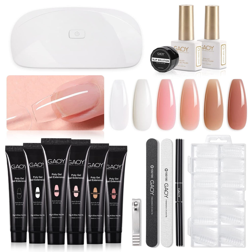 Poly Gel Nail Kit with UV Light - 6 Color Builder Extension Set for Beginners