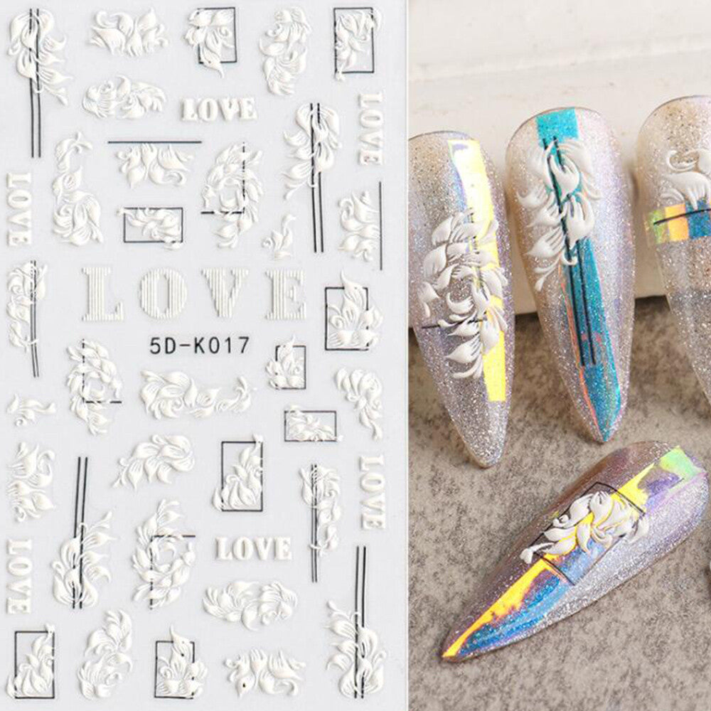White 5D Nail Stickers Embossed Leaves Bridal Nail Art Decals