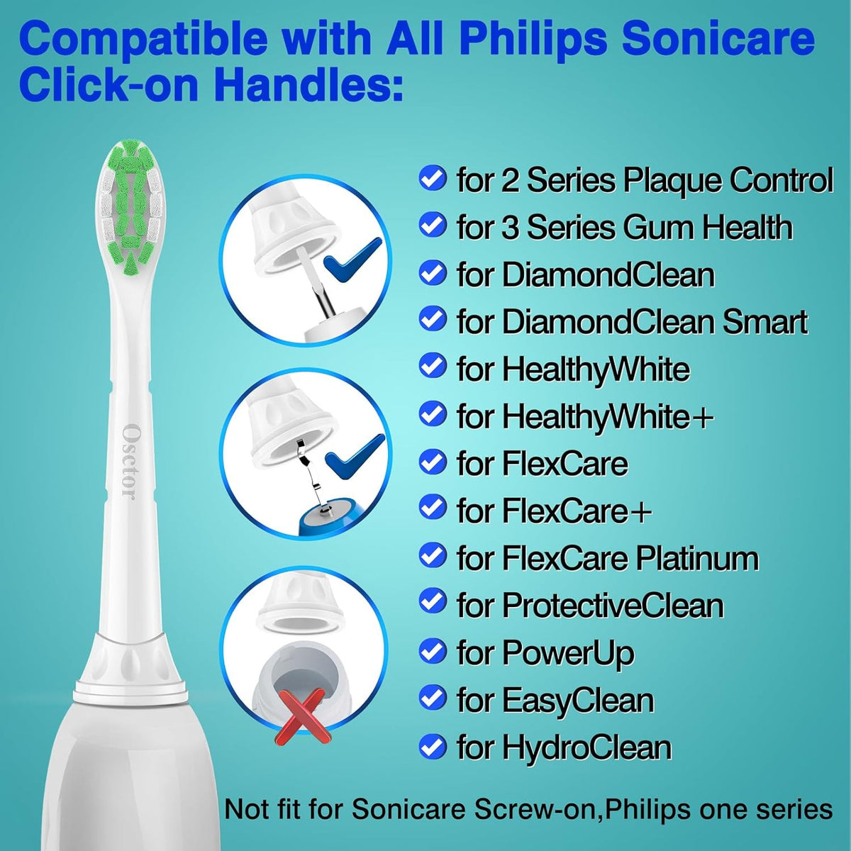10 Pack Replacement Toothbrush Heads for Sonicare Click-On Handles - Compatible with 2 Series, DiamondClean, PowerUp & More