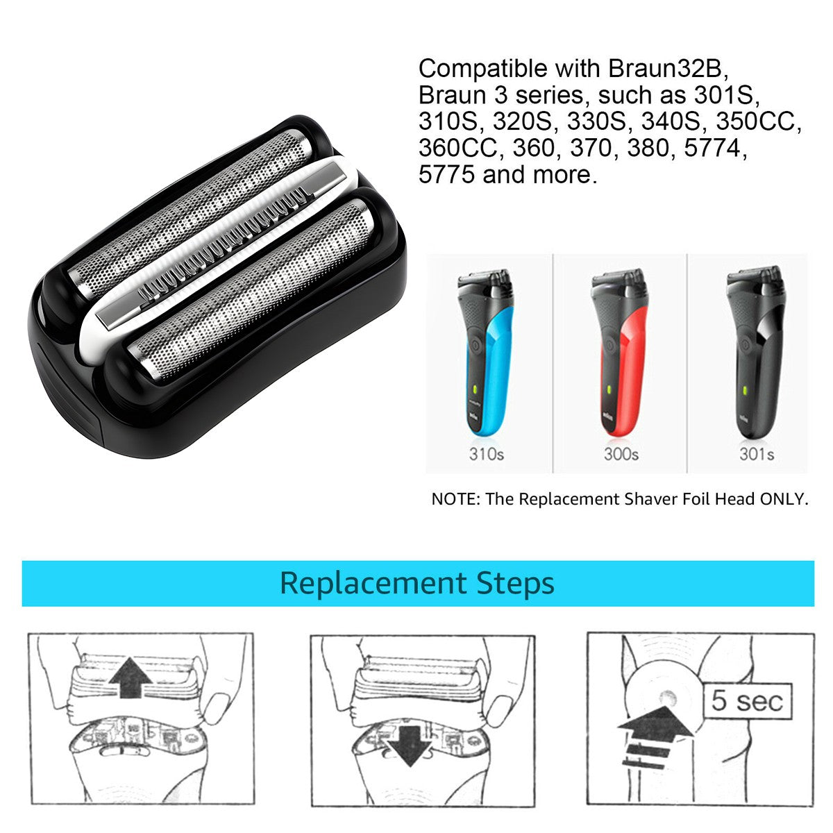 2pcs Shaver Foil & Cutter Head Replacement Set for Braun 3 Series 32B Electric Razor