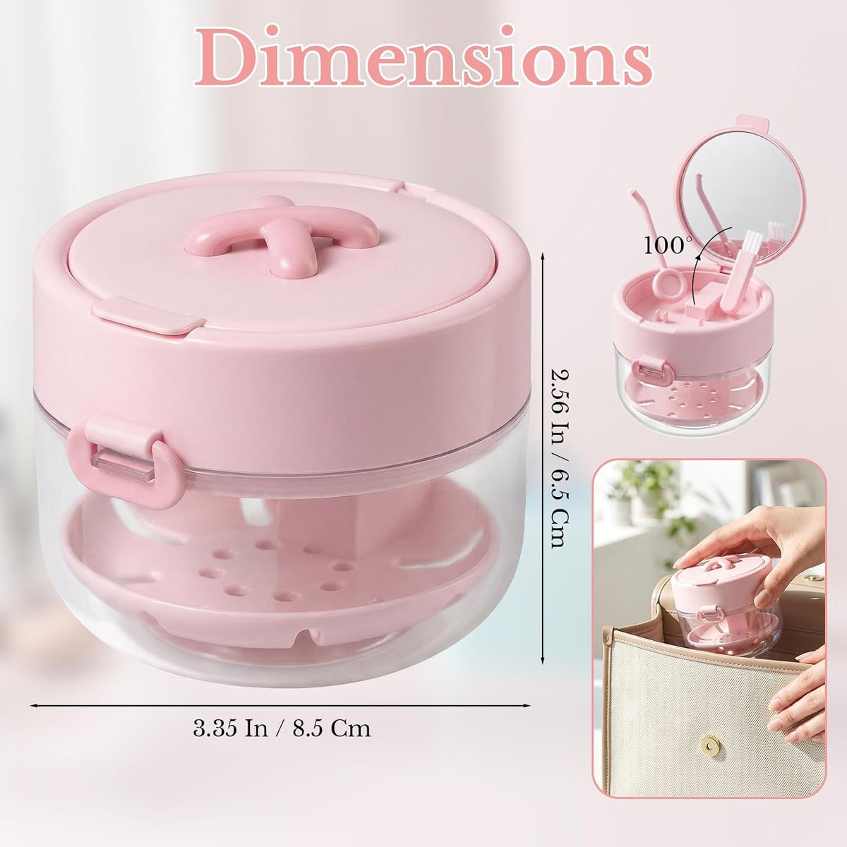 Denture and Retainer Cleaning Case with Auto-Lifting Strainer, Mirror & Brush