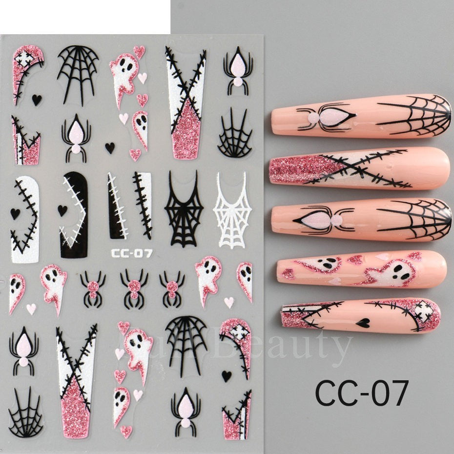 Glow in The Dark Halloween Nail Decals Ghost Spider Web Skull - 4 Sheets