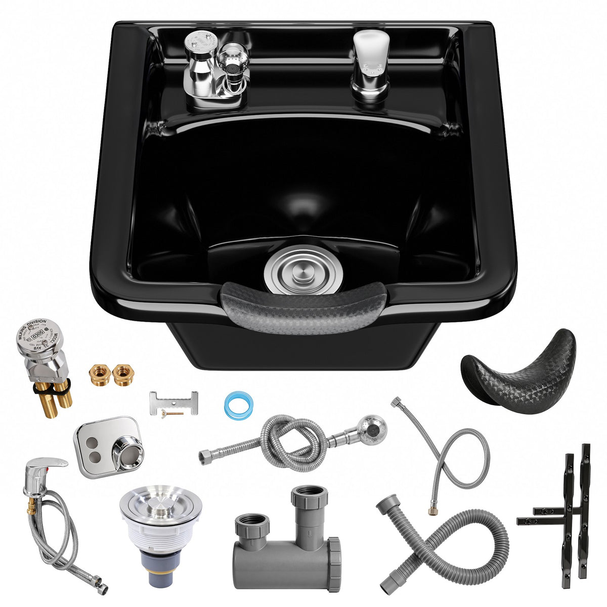 Salon Shampoo Sink Bowl with Gel Neck Rest & Vacuum Breaker - Black