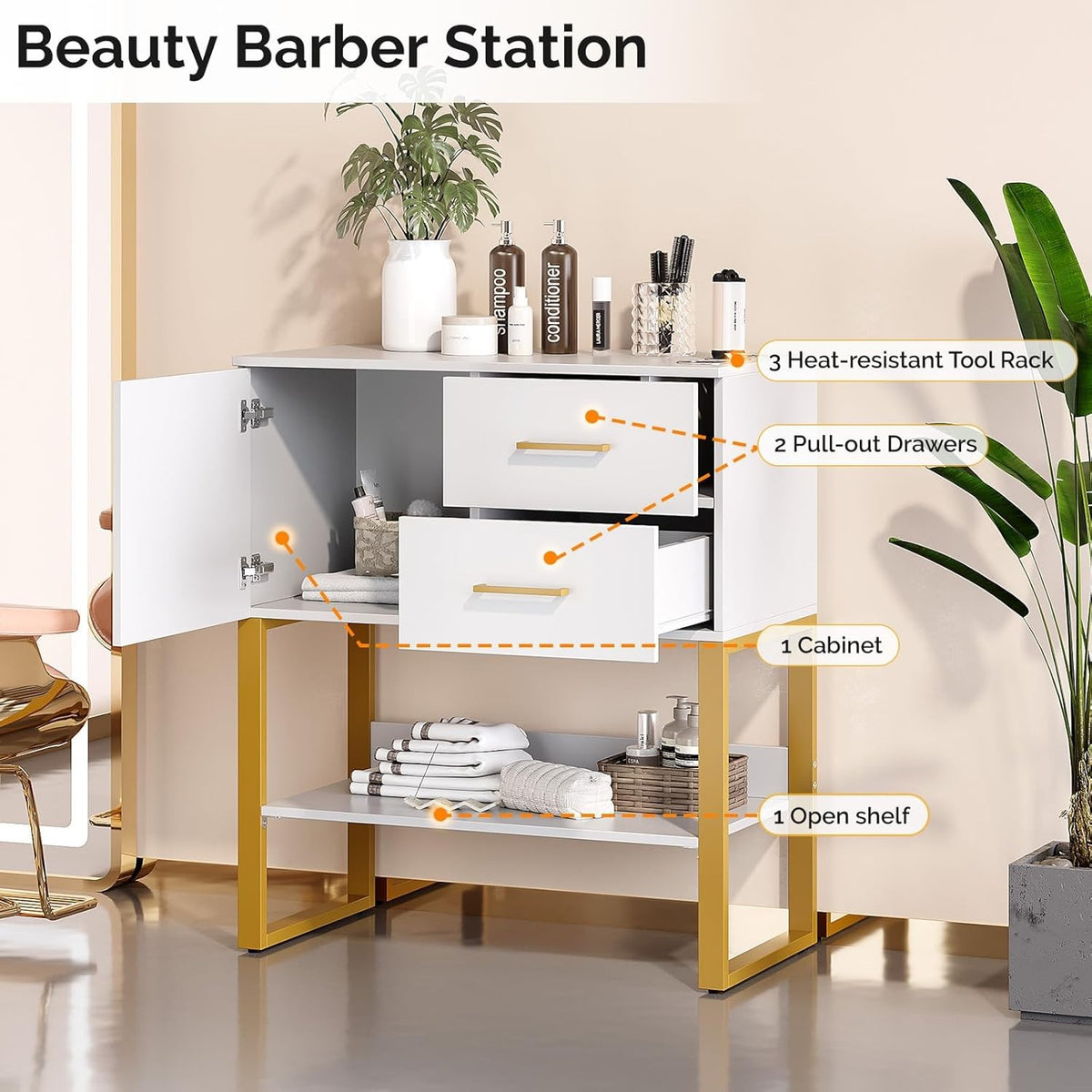 Freestanding Salon Cabinet with 3 Tool Racks for Hairdryers & Curling Irons