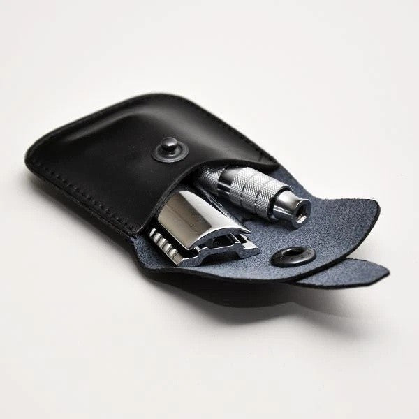 Travel Safety Razor with Leather Case - Double Edge, Compact & German Made