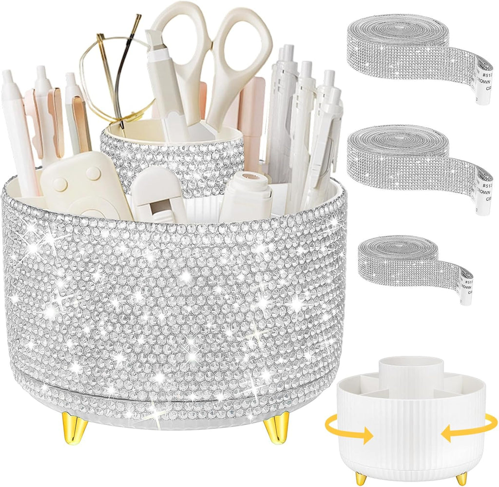Rotating Makeup Organizer Brush Holder with DIY Diamond Decorations, Silver