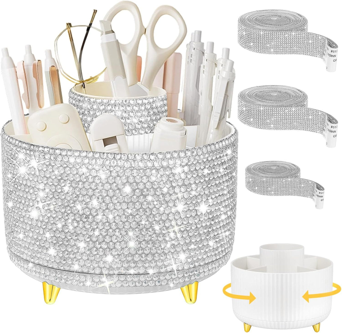 Rotating Makeup Organizer Brush Holder with DIY Diamond Decorations, Silver