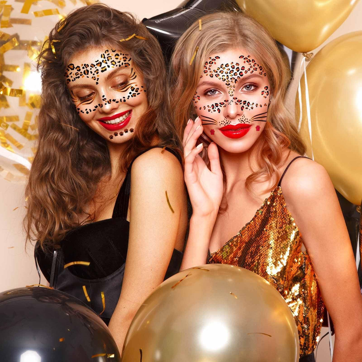 Gold Glitter Leopard Face Temporary Tattoos – 8 Sheets, Waterproof, Safe Edgy Halloween Stickers