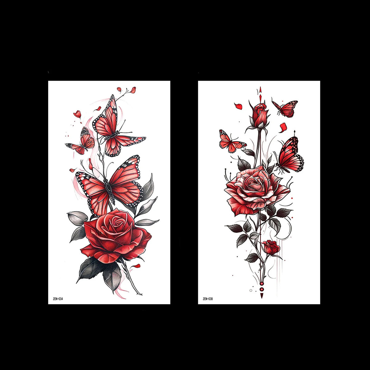 Waterproof Temporary Tattoos - Red Butterfly & Rose 2 Sheets