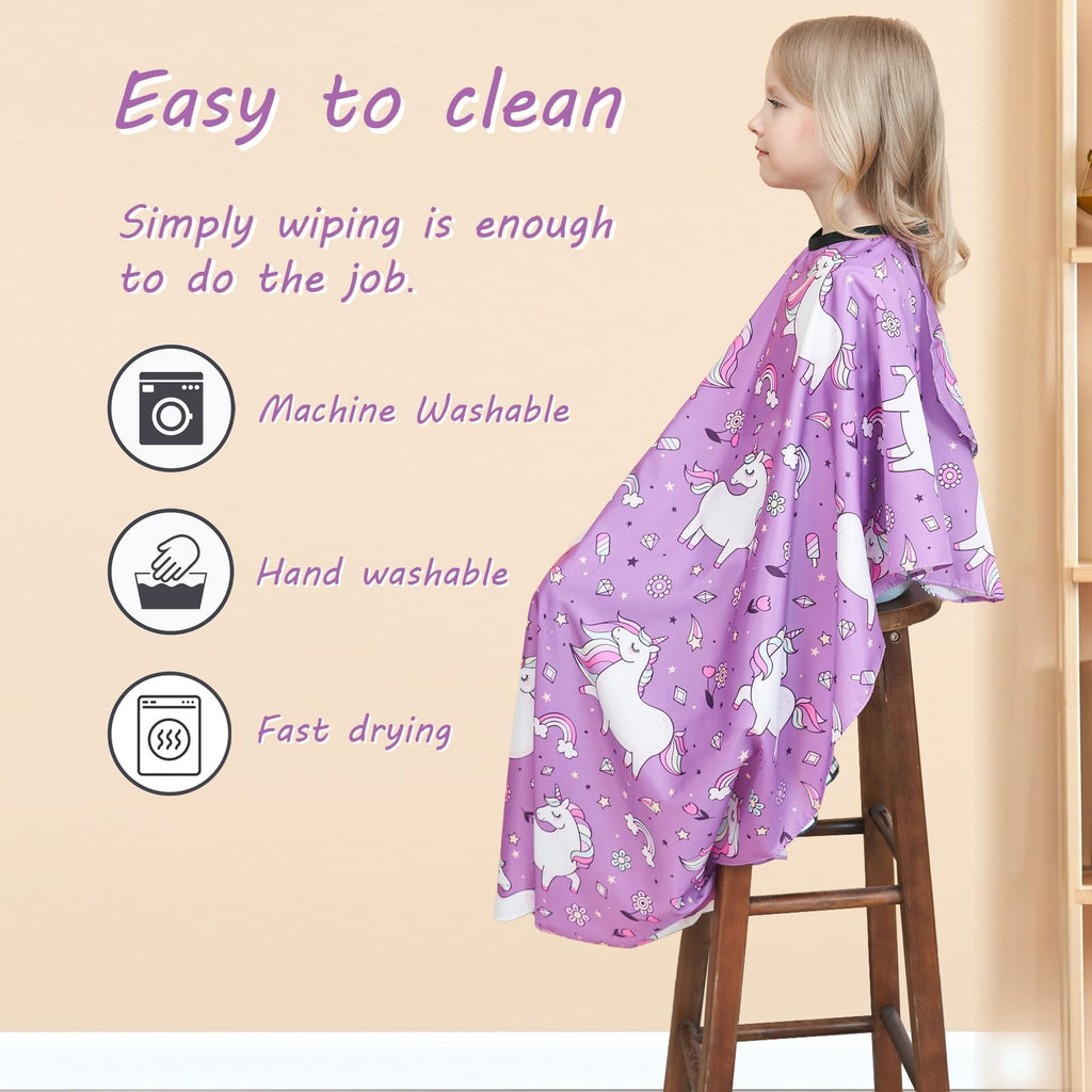 Kids Hair Cutting Cape with Adjustable Neck Strap and Unicorn Pattern - 51 x 36 Inch, Purple