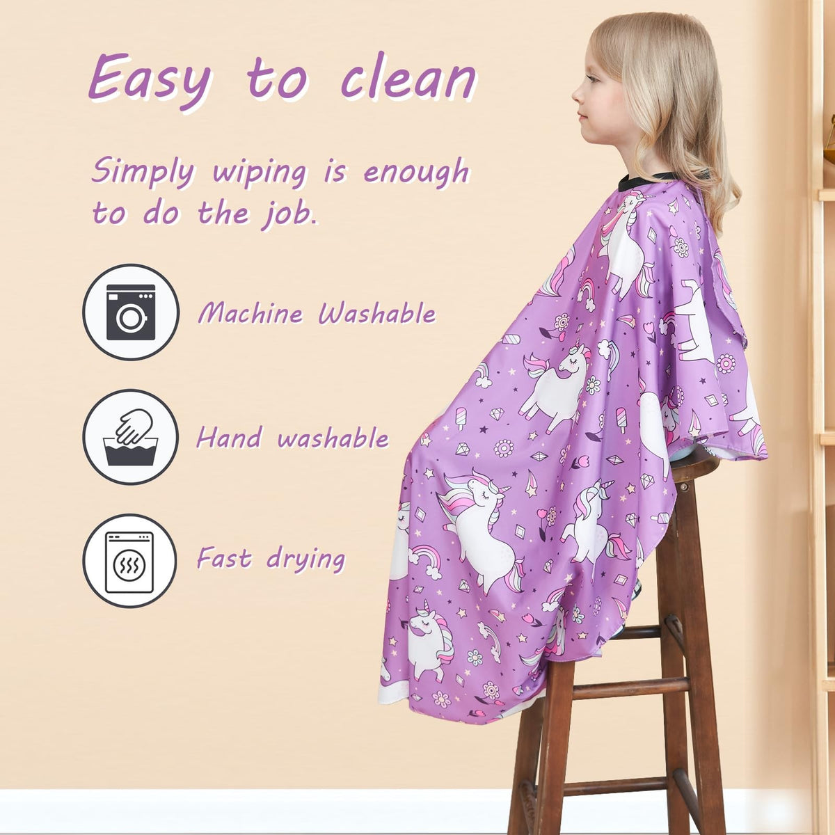 Kids Hair Cutting Cape with Adjustable Neck Strap and Unicorn Pattern - 51 x 36 Inch, Purple