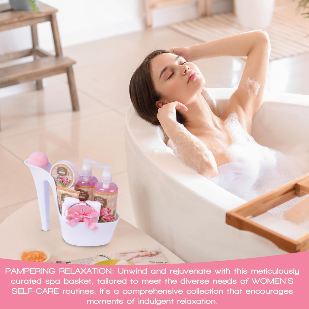 Luxury Rose Scented Shoe Spa Gift Set - 8 Piece Bath & Body Basket for Women