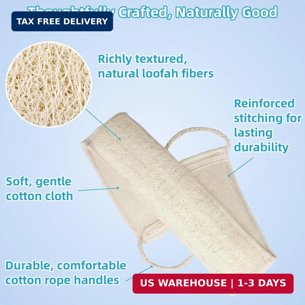 Long Natural Loofah Back Scrubber for Shower, Exfoliating Body Sponge with Cotton Handles - 33 Inch