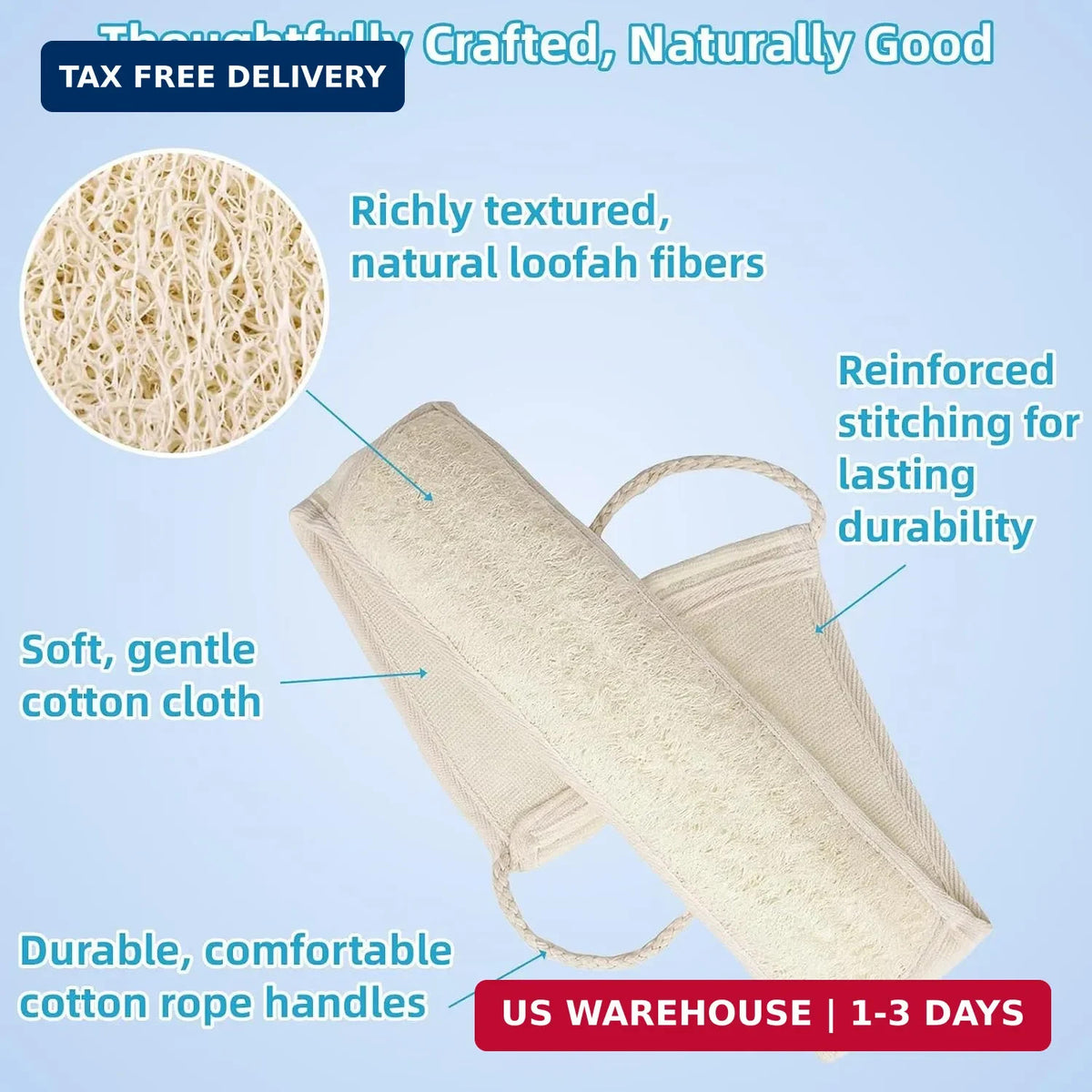 Long Natural Loofah Back Scrubber for Shower, Exfoliating Body Sponge with Cotton Handles - 33 Inch