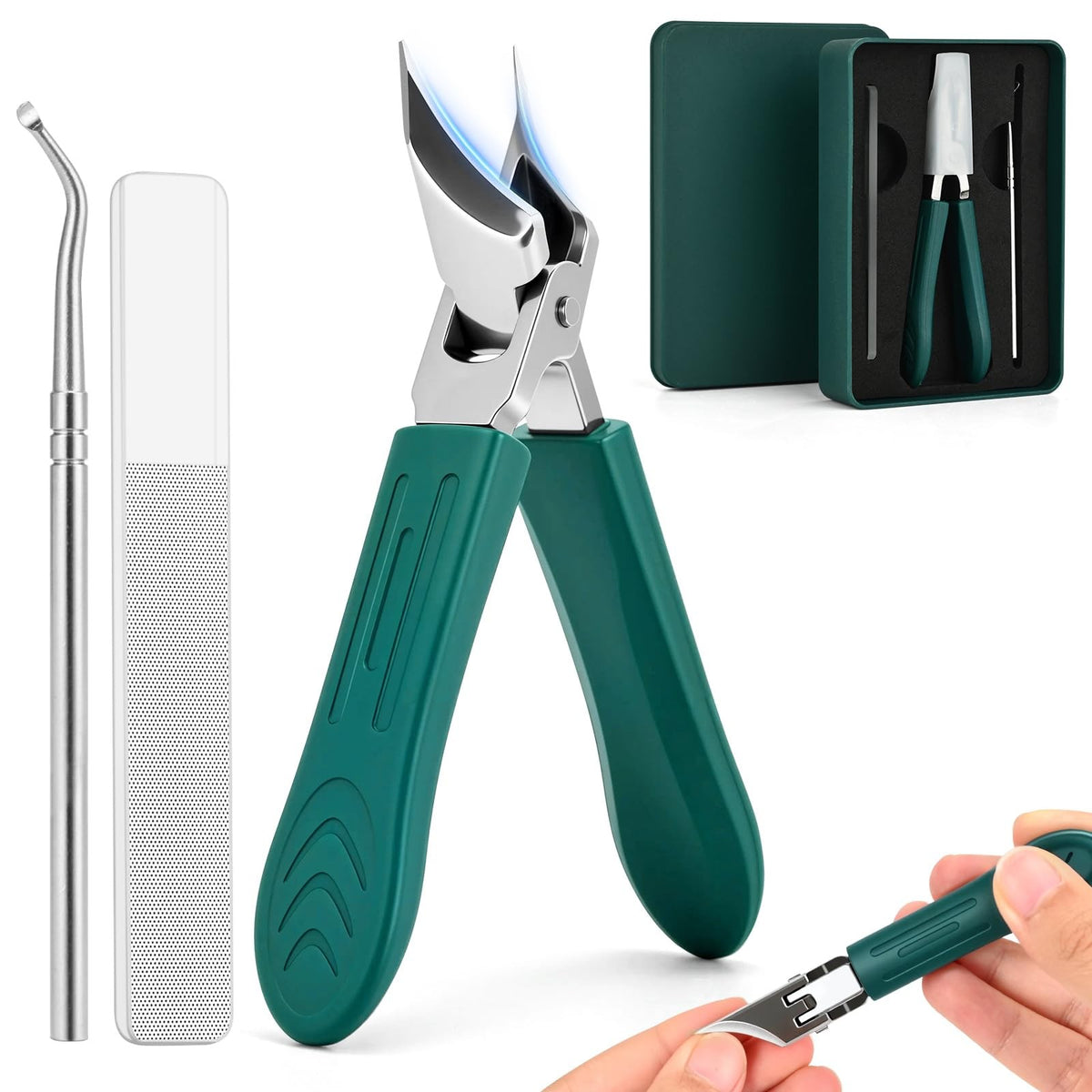 Long Handle Wide Jaw Nail Clippers - Beveled Eagle Beak Design, Green