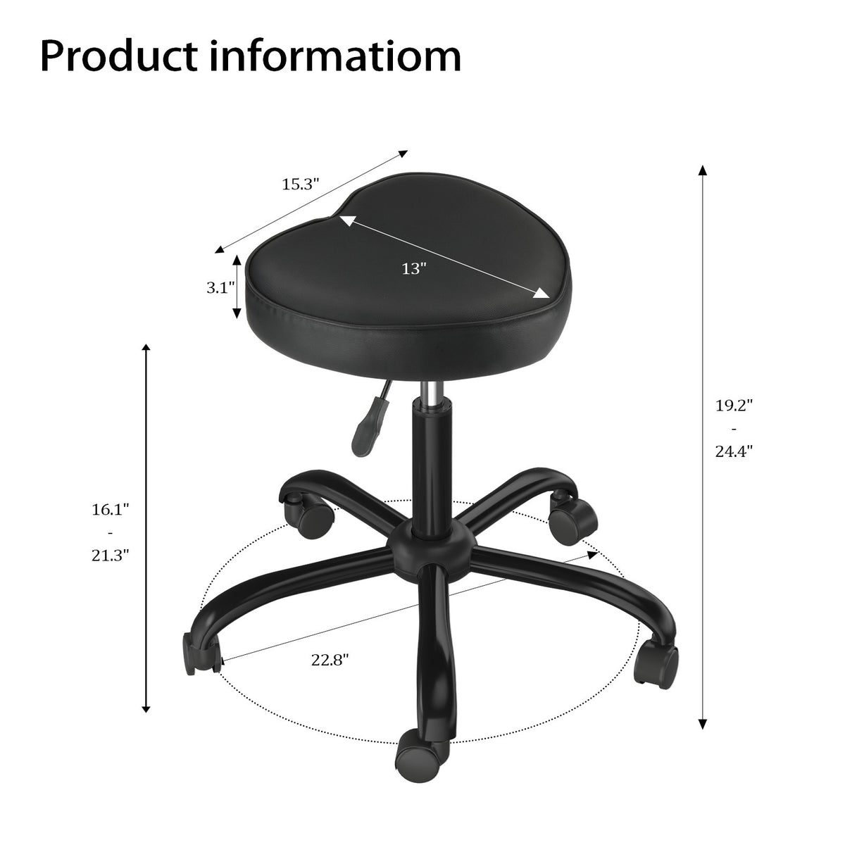 Adjustable Salon Stool on Wheels - Heart-Shaped PU Leather Seat, Ergonomic, Height-Adjustable