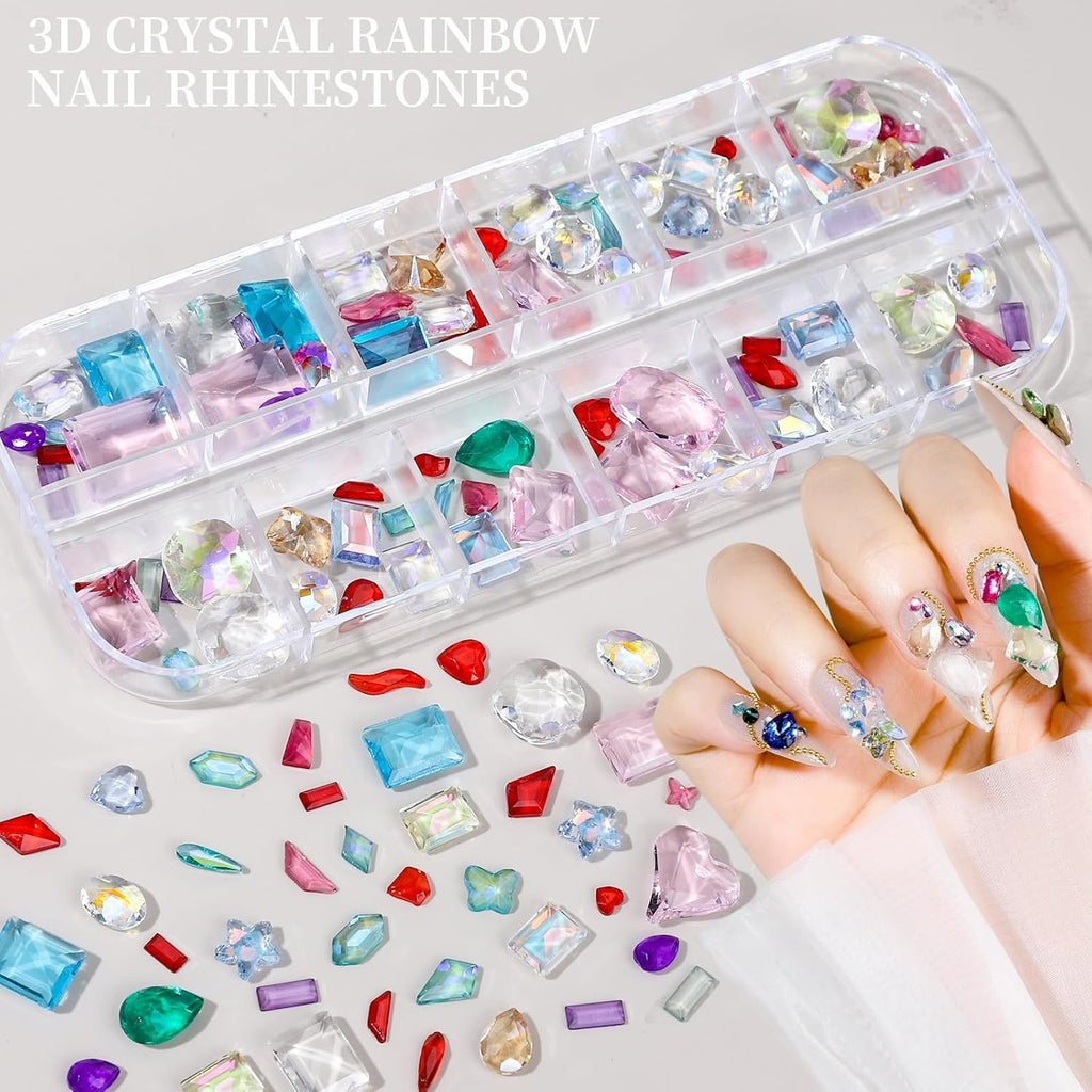 Colorful Nail Rhinestones & Charms Kit - 3-Box Nail Art Accessories with Tools