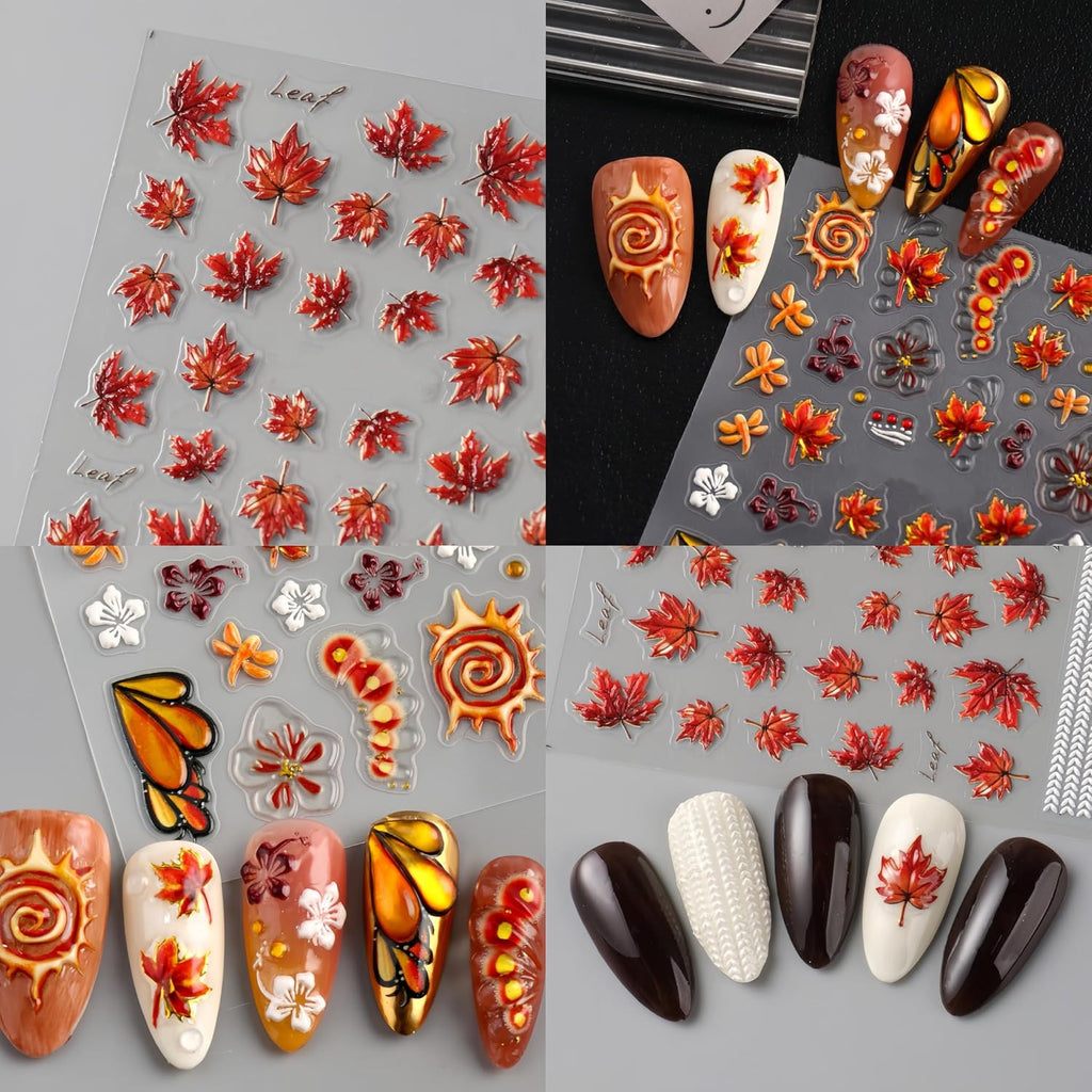 Fall Maple Leaf Nail Stickers - 3 Sheets 5D Self-Adhesive Nail Art Decals