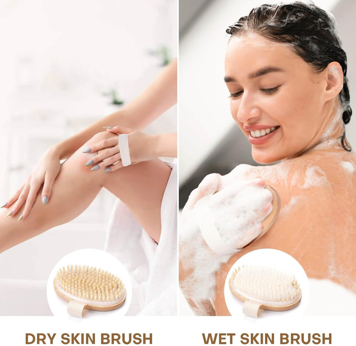Natural Boar Bristle Dry Body Brush & Massage Tool Set for Skin Care