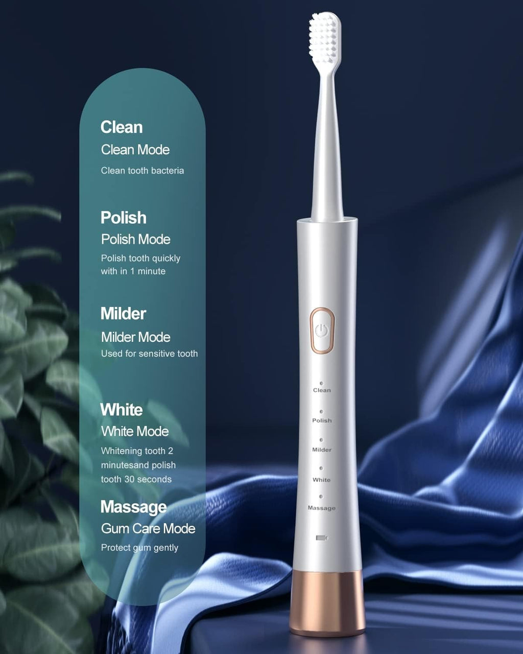 Electric Sonic Toothbrush with Smart Timer & Fast Charge – 5 Modes, 8 Brush Heads