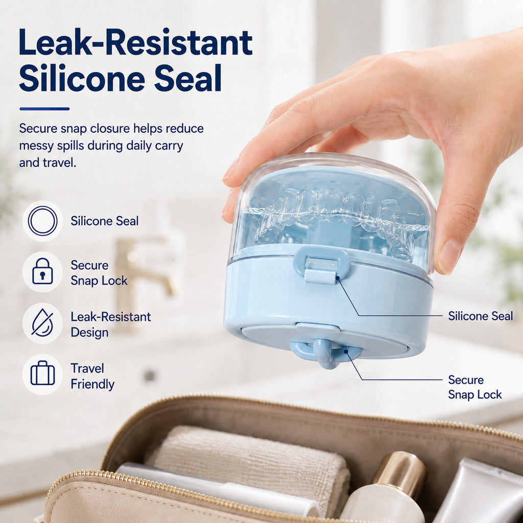 3-in-1 Denture Cleaner Case with Mirror & Cleaning Tools - Portable Leak-Proof Storage