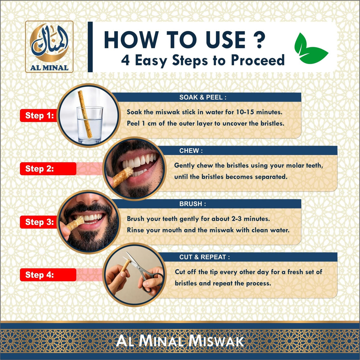 Natural Miswak Teeth Cleaning Sticks with Holders - Pack of 6