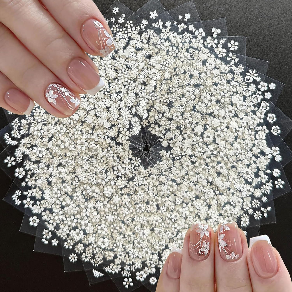 White Flower Nail Art Stickers with Rhinestones - 30 Sheets Self-Adhesive 3D Design